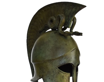 Ancient Greek Spartan Corinthian Helmet - Snakes Motif - Marble Base  - Museum Reproduction - pure bronze  statue