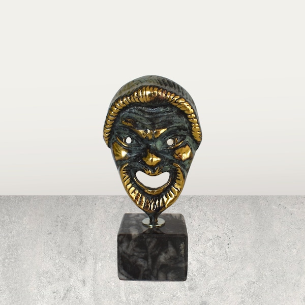 Comedy  Mask - One of the final three principal Dramatic forms in the Theatre of Classical Greece - Decorative - Marble Base - pure bronze