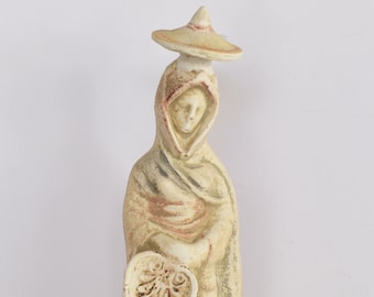 Tanagra Figurine - Draped Young Woman wearing Hat, Chiton,Cloak and Fan - Museum Reproduction - Ceramic Artifact