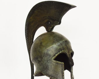 Ancient Greek Spartan Corinthian Helmet - Snake Motif - Marble Base  - Museum Reproduction - pure bronze  statue