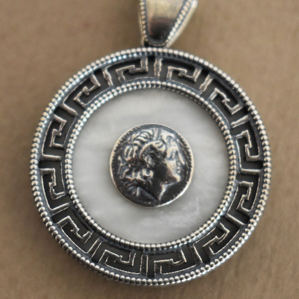 Alexander the Great Motif with Meander on Marble - Macedonian King  - From Greece to India - Pendant - 925 Sterling Silver
