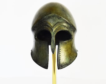 Ancient Greek Spartan Corinthian Helmet - History - Classic Period - Marble Base  - Museum Reproduction - Pure Bronze Statue