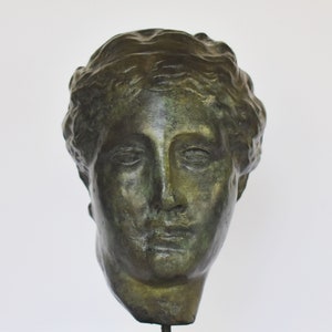 Hygeia sculpture - Ancient Greek Goddess of health - marble base  - museum reproduction head bust  - pure bronze  statue