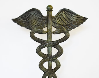 Caduceus - Symbol of God Hermes Mercury - Short Staff entwined by two Serpents, surmounted by Wings - pure bronze  statue