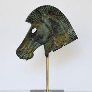 Ancient Greek Horse Head - Pure Bronze Sculpture - Symbol of Wealth and Prosperity - Marble Base - Museum Replica