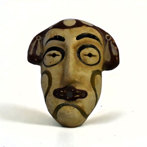 Máscara teatral griega antigua - Anciano - Arcilla amarilla - 500 a. C. - Miniatura - Reproducción de museo - Artefacto de cerámica