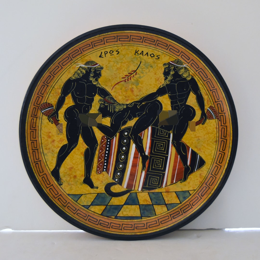 Homoerotic Scene Between Three Males Athens, 500 BC Representation of Red Figure Vessel Ceramic