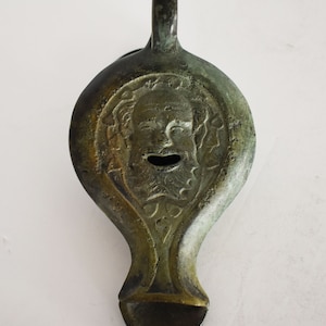 Bronze Oil Lamp - Theater Mask  - Athens, Attica - 500 B.C. - Ancient Greek Reproduction - Pure Bronze Sculpture