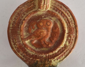 Oil Lamp - Athens, Attica - 600 BC - Owl of Wisdom Engraving - Museum Reproduction - Ceramic Artifact