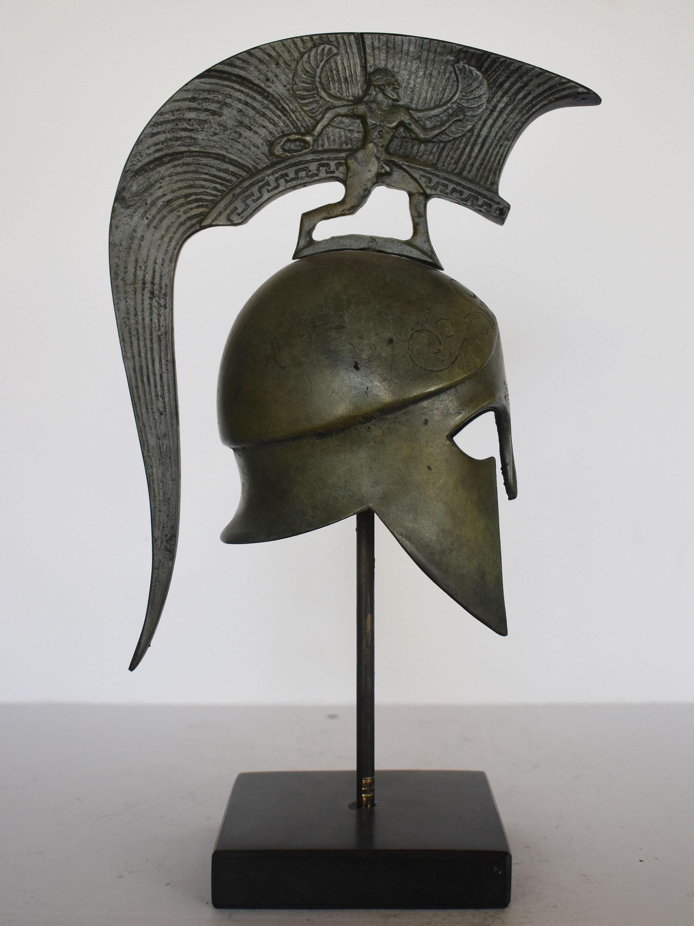 Ancient Greek Spartan Corinthian Helmet - Sphinx and eternity Motif - marble base  - museum reproduction - pure bronze  statue