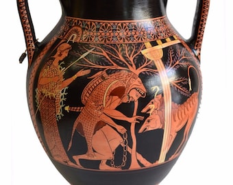 Hercules and Cerberus - Attic Red Figure Amphora Vase -  520 BC - Andokides Painter - Louvre Museum - Reproduction