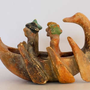Clay Boat Model with Four Rowers - Cyprus - ca 700 BC - Museum Reproduction - Ceramic Artifact