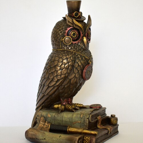Owl of Wisdom Statue - Reader - shops Steampunk - Modern Art - Decoration - Cold Cast Bronze Resin