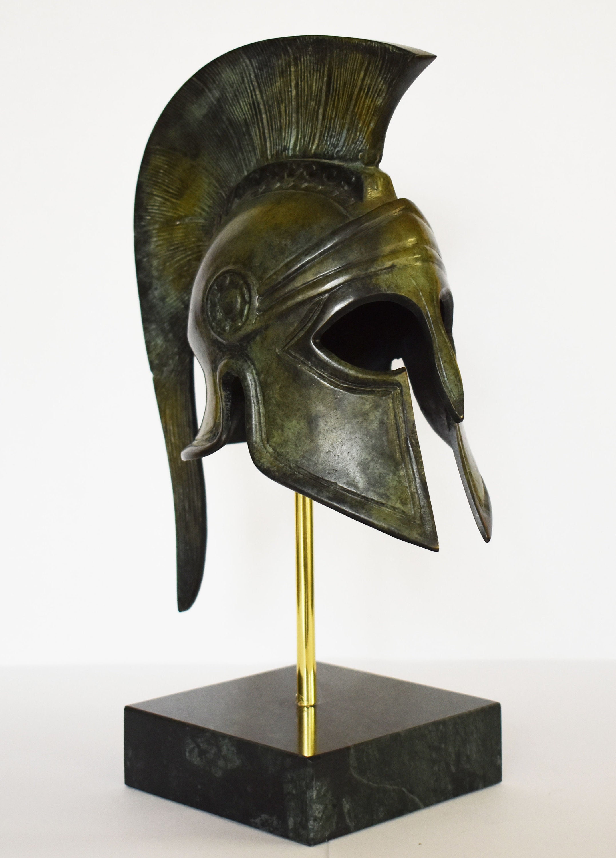 Ancient Greek Spartan Corinthian Helmet - Classic Period - Marble Base  - Museum Reproduction - Pure Bronze  Statue