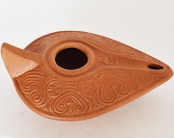 Oil Lamp - Greek - Christian - Cross - 300 AC - Museum Reproduction - Ceramic Artifact