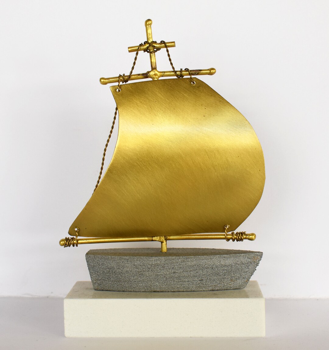 Traditional Greek Sailing Vessel Wooden Deck and Marble Base Pure