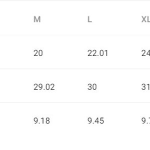 May include: Size chart showing width and length measurements in inches for sizes XS to 3XL.  Measurements are provided for width, length, and sleeve length.