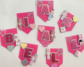 Banner de cumpleaños de Roblox, banner de cumpleaños personalizado, suministros personalizados para fiestas de niñas de Roblox, cumpleaños de niñas de Roblox, fiesta rosa de Roblox