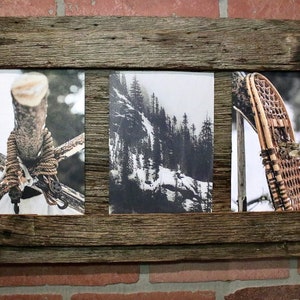 May include: A rustic wooden frame with three photos. The left photo shows a rope tied around a tree branch. The middle photo shows a snowy mountain scene. The right photo shows a pair of snowshoes.