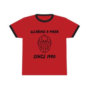 Wearing a mask since 1980, Jason Wears a Mask, Ringer Tee, Hockey Mask, Vintage 1980’s, horror movie, costume T-shirt, Funny Halloween Shirt