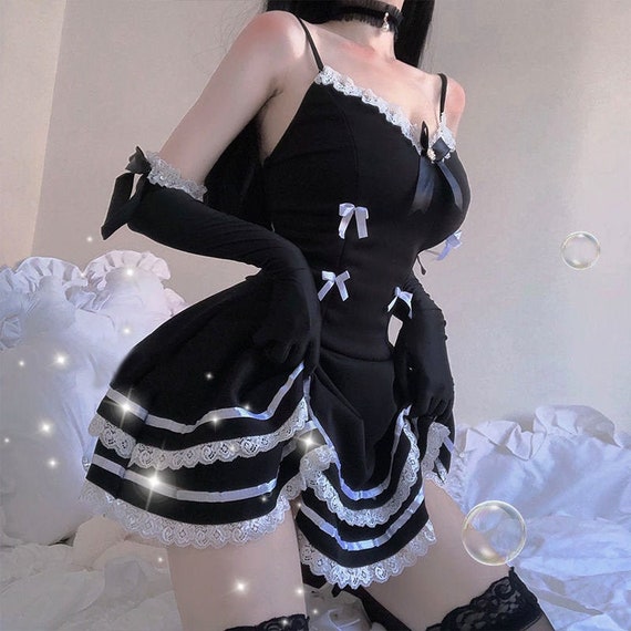 sexy maid cosplay costumes cute black dress and thong sexy anime school  girl gothic outfit for woman with hat and glove