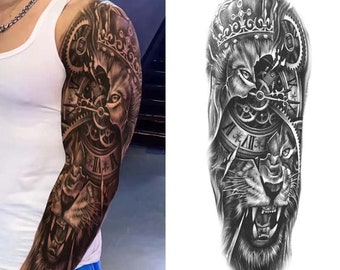 Lion and Clock Tattoo Sleeve Temporary Tattoo Fake Tattoo - Etsy Ireland Lion and Clock Tattoo Sleeve Temporary Tattoo Fake Tattoo - Etsy Ireland