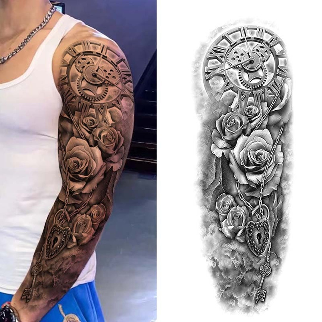 Flower Clock Full Sleeve Tattoo Sleeve Temporary Tattoo Fake - Etsy UK Flower Clock Full Sleeve Tattoo Sleeve Temporary Tattoo Fake - Etsy UK