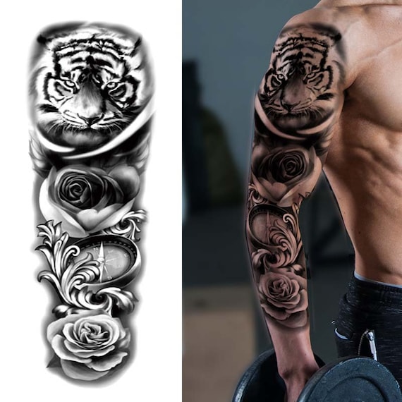 Temporary Tattoo Sleeve Tiger Compass Sleeve Tattoo Sleeve - Etsy Australia Temporary Tattoo Sleeve Tiger Compass Sleeve Tattoo Sleeve - Etsy Australia