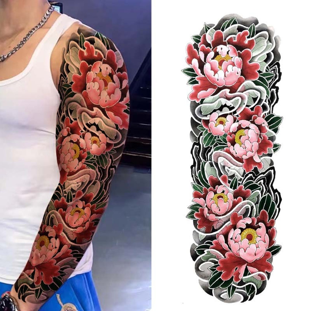 Old School Peony Flower Sleeve Tattoo Sleeve Temporary - Etsy