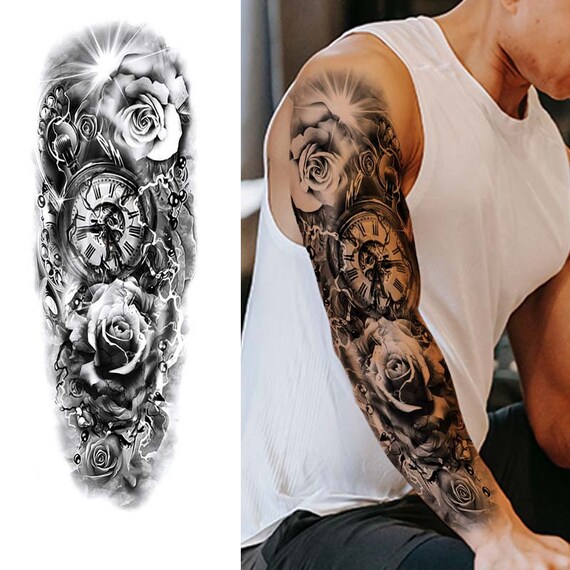 Rose and Clock Tattoo Sleeve Temporary Tattoo Fake Tattoo - Etsy Norway