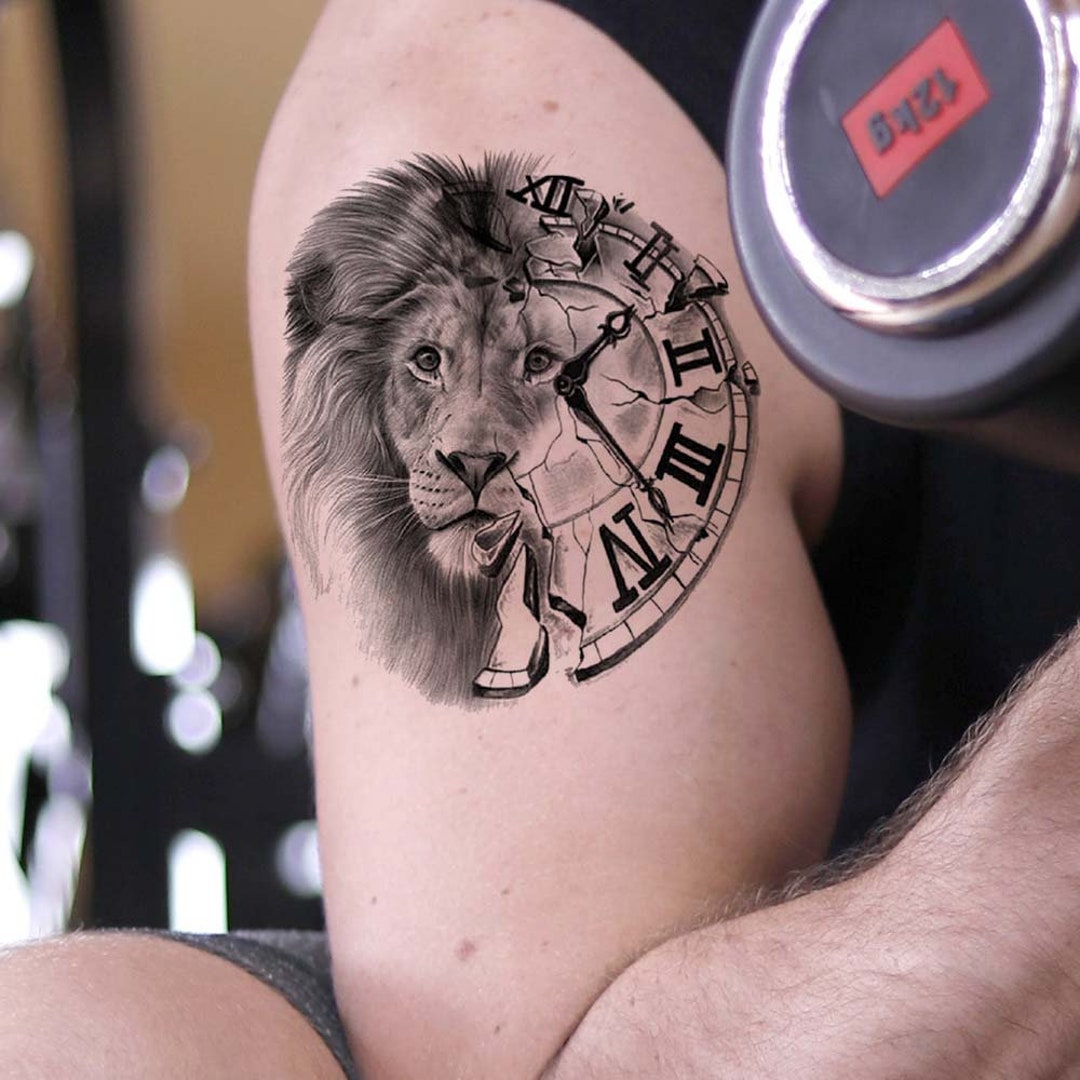 Lion Clock Tattoo Temporary Tattoo/ Lion Cover up Fake Tattoo/ Etsy