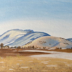 Montanhas de inverno, pintura acrílica, obra de arte original, pintura de paisagem, 4x6, cartão postal, impressão artística