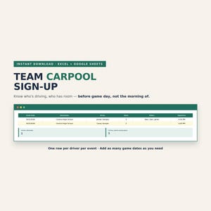 Puede incluir: Una plantilla de hoja de cálculo digital para compartir coche en equipo para Excel y Google Sheets. El documento presenta un encabezado verde oscuro con columnas para fecha, destino, conductor, asientos, pasajeros y hora de salida.