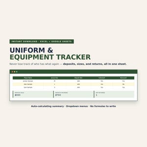 May include: A digital spreadsheet template titled Uniform & Equipment Tracker for Excel and Google Sheets. It features a table with columns for Player Name, Jersey Size, Deposit Amt, Collected, and Returned, plus a summary section for totals.
