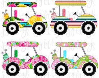 May include: Four colorful golf cart designs with different patterns. The carts are pink, green, yellow, and rainbow striped. Each cart has a black steering wheel, black tires, and a golf bag with golf clubs.