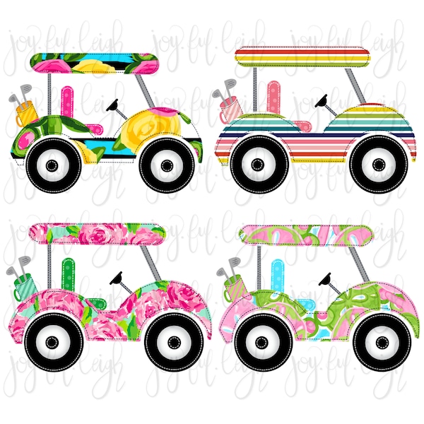 FOUR Pink Patterned Golf Cart PNG Digital Files