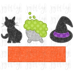 Halloween Black Cat Cauldron Witch Hat  Faux Applique PNG Sublimation Heat Transfer Printable