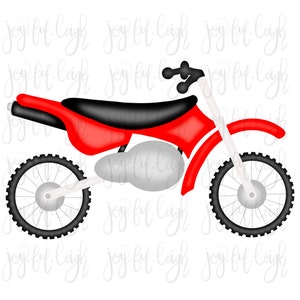 May include: A red and black dirt bike with white wheels. The bike has a black seat and a silver exhaust pipe.