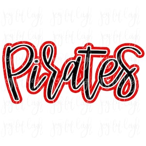 May include: A graphic design featuring the word "Pirates" in a bold, stylized font. The word is outlined in black, with a red border, and set against a white background. The design has a playful, eye-catching aesthetic.