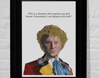 Puede incluir: Una impresión enmarcada con una ilustración de dibujos animados de un hombre con cabello rubio que lleva una chaqueta con estampado rojo, amarillo y azul y una corbata de moño azul. La cita "This is a situation that requires tact and finesse. Fortunately, I am blessed with both!" está impresa sobre la ilustración.