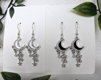 Moon Earrings With Stars And Rhinestones Silver Y2K