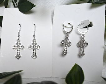 Cross Rhinestone Earrings Silver Y2K