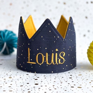 Custom Children's Birthday Party Crown, Personalized Kids Birthday Crown, Cute Birthday Gift Dunkelblau/Senfgelb