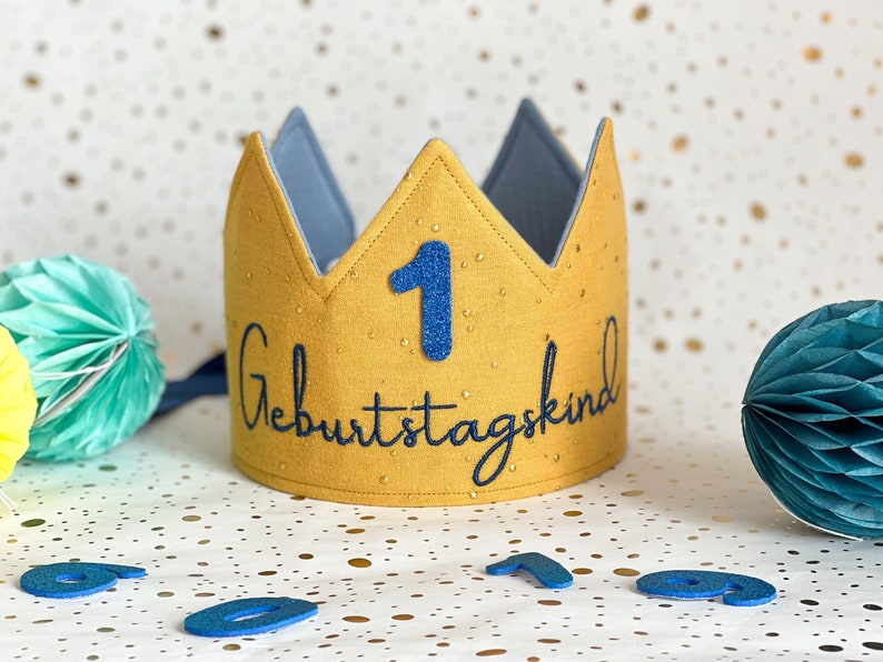 Musselin Geburtstag Kinderkrone, Gold Senfgelb und Blau Baumwolle Stoffkrone, Kinderparty Kostüm Hellblau