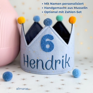 Personalisierte Geburtstagskrone für Jungen – Musselin Stoffkrone mit Namen in Blau & Gold, Kinderkrone 1. Geburtstag Deko