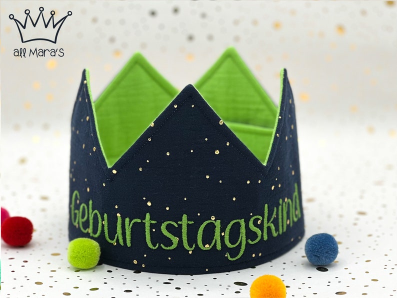 Musselin Geburtstag Kinderkrone, Gold Dunkelblau und Staubrosa Baumwolle Stoffkrone, Kinderparty Kostüm Dunkelblau/Lime