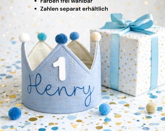 Geburtstagskrone Junge und Mädchen – Personalisiert mit Namen & Pompons | Musselin Stoffkrone Handgemacht