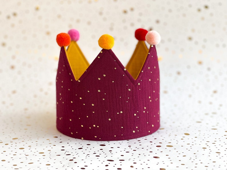 Musselin Geburtstagskrone für Kinder, Kinderparty Decoration, Geburtstagsgeschenk Ideen, Personalisierte Krone bordeaux/senfgelb