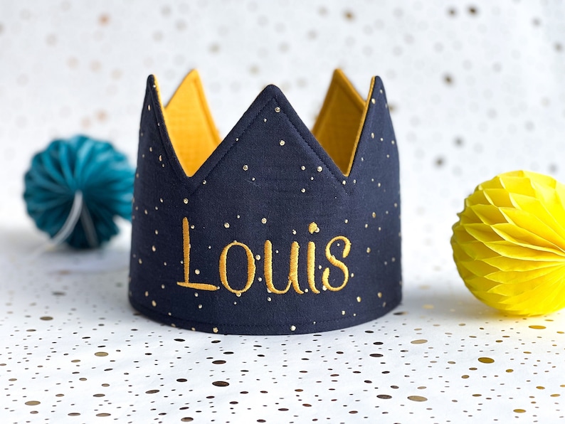Custom Children's Birthday Party Crown, Personalized Kids Birthday Crown, Cute Birthday Gift Dunkelblau/Senfgelb