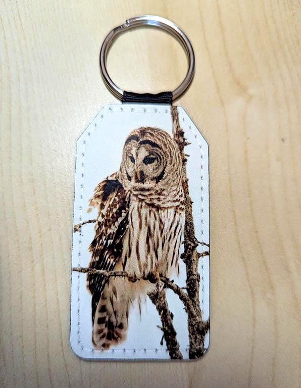 Wild bird barred owl faux leather keychain